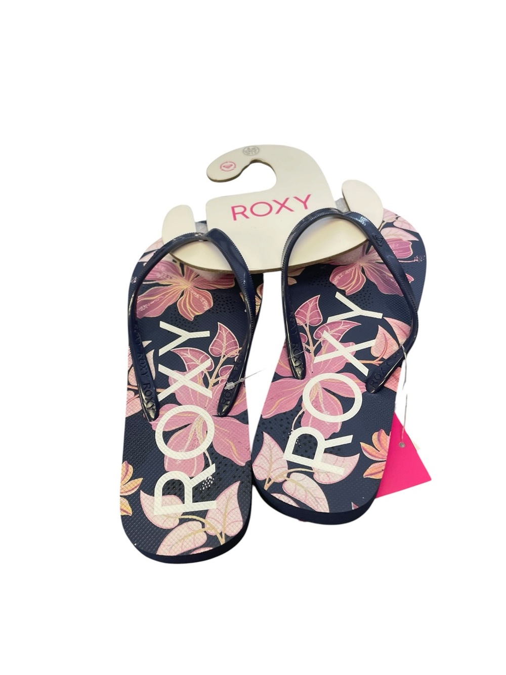 Roxy Navy and Pink Floral Logo Flip Flops women’s size 6